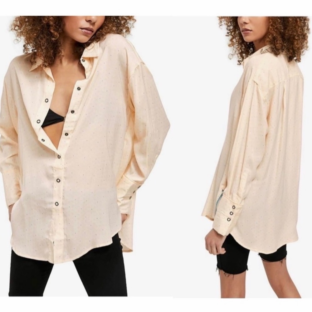 Free People All Smiles Sateen Women's Light Peach Button-Down Shirt